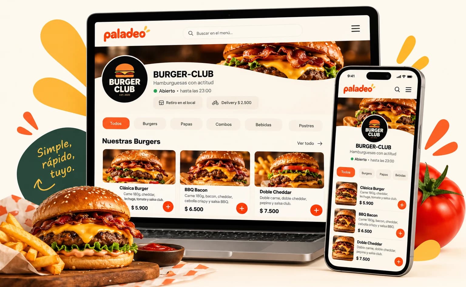 Paladeo en una notebook y un celular, mostrando el menú digital de una hamburguesería con sus productos y precios